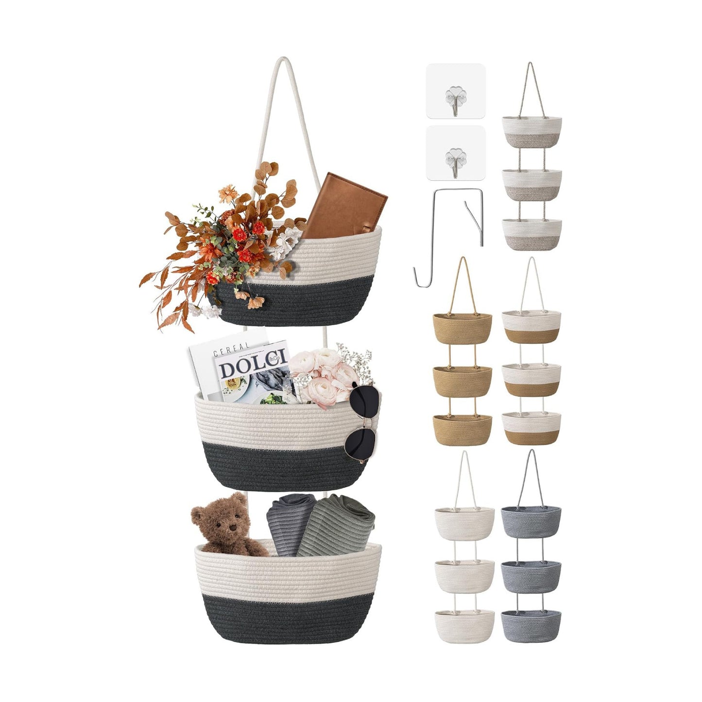 3 Tier Wall Mounted Woven Hanging Basket / 3 Tier Woven Hanging Basket / White & Gray