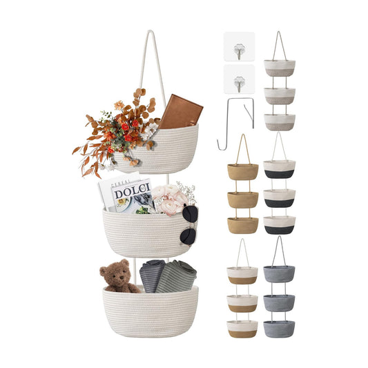 3 Tier Wall Mounted Woven Hanging Basket / 3 Tier Woven Hanging Basket / White