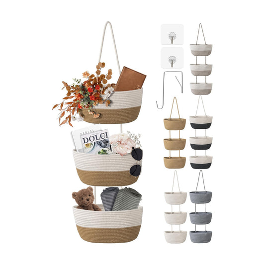 3 Tier Wall Mounted Woven Hanging Basket / 3 Tier Woven Hanging Basket / White & Brown