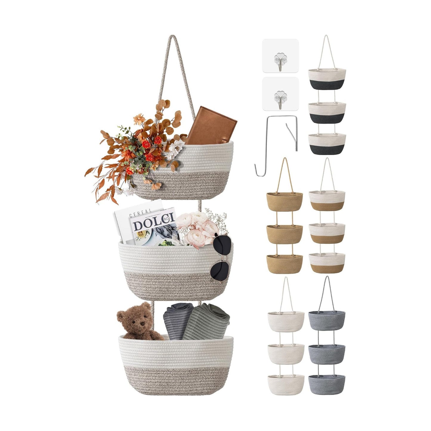 3 Tier Wall Mounted Woven Hanging Basket / 3 Tier Woven Hanging Basket / White & Camel