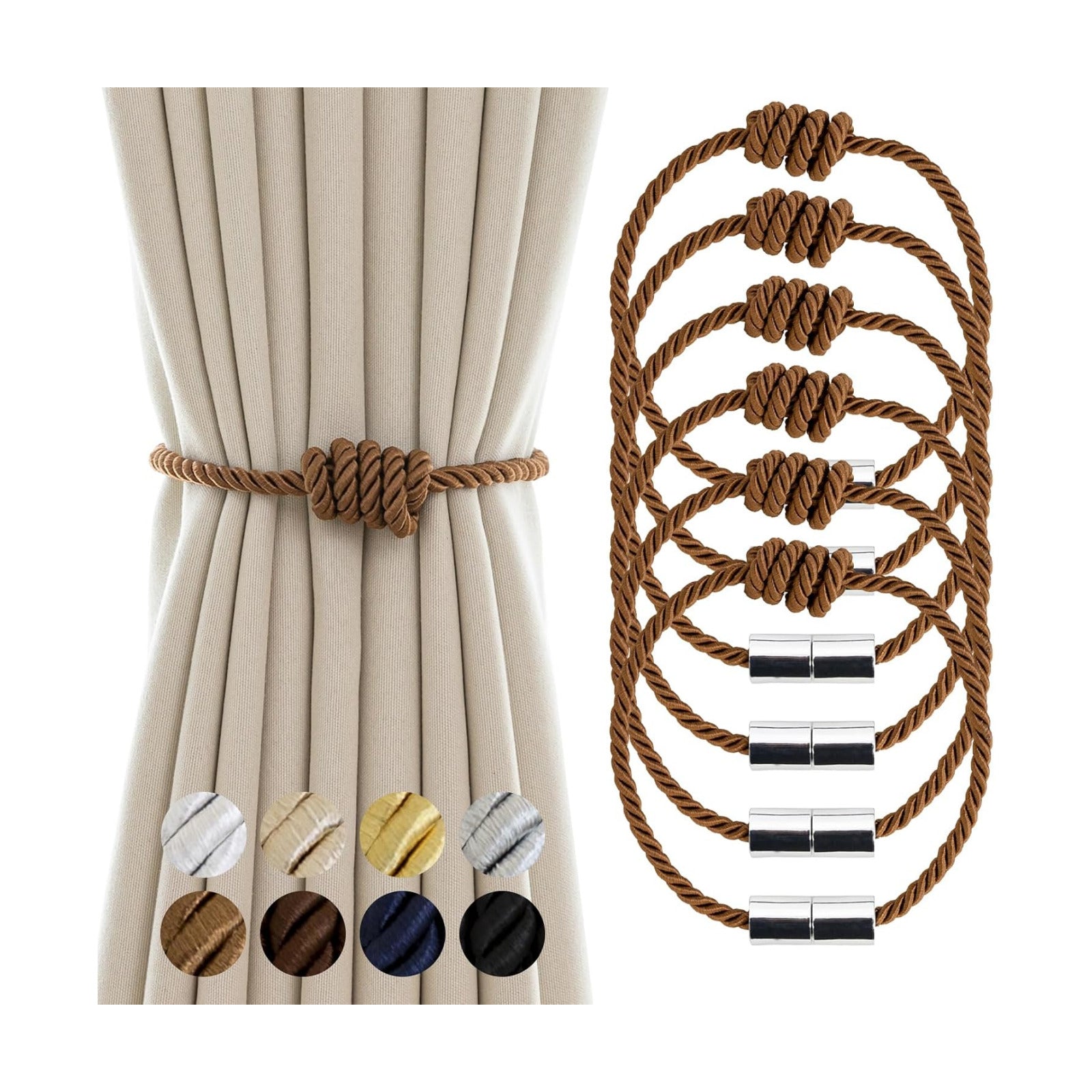 Curtain Tiebacks Magnetic Decorative Rope Tie Backs Holdbacks Contoeey | 6 Pack Khaki Modern Elegant Window Treatment