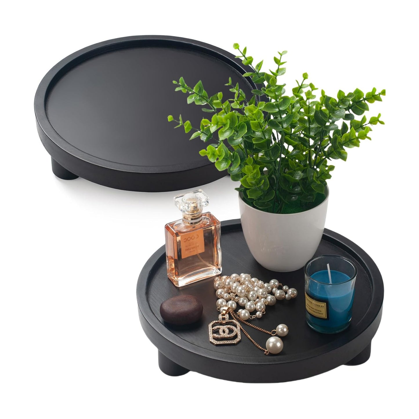 Round Wooden Tray Decor / Round - Black / Set of 2
