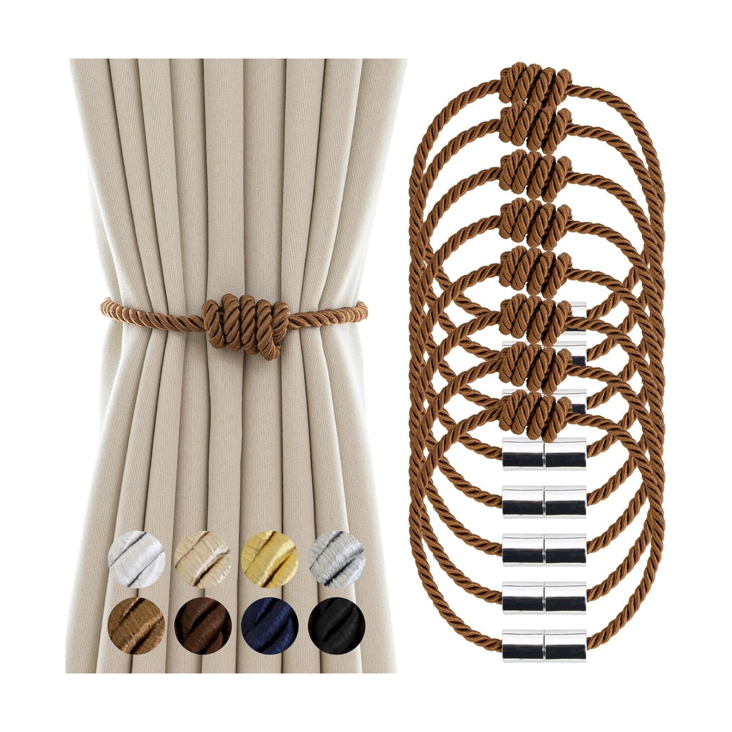 Curtain Tiebacks Magnetic Decorative Rope Tie Backs Holdbacks Contoeey | 8 Pack Khaki Modern Elegant Window Treatment