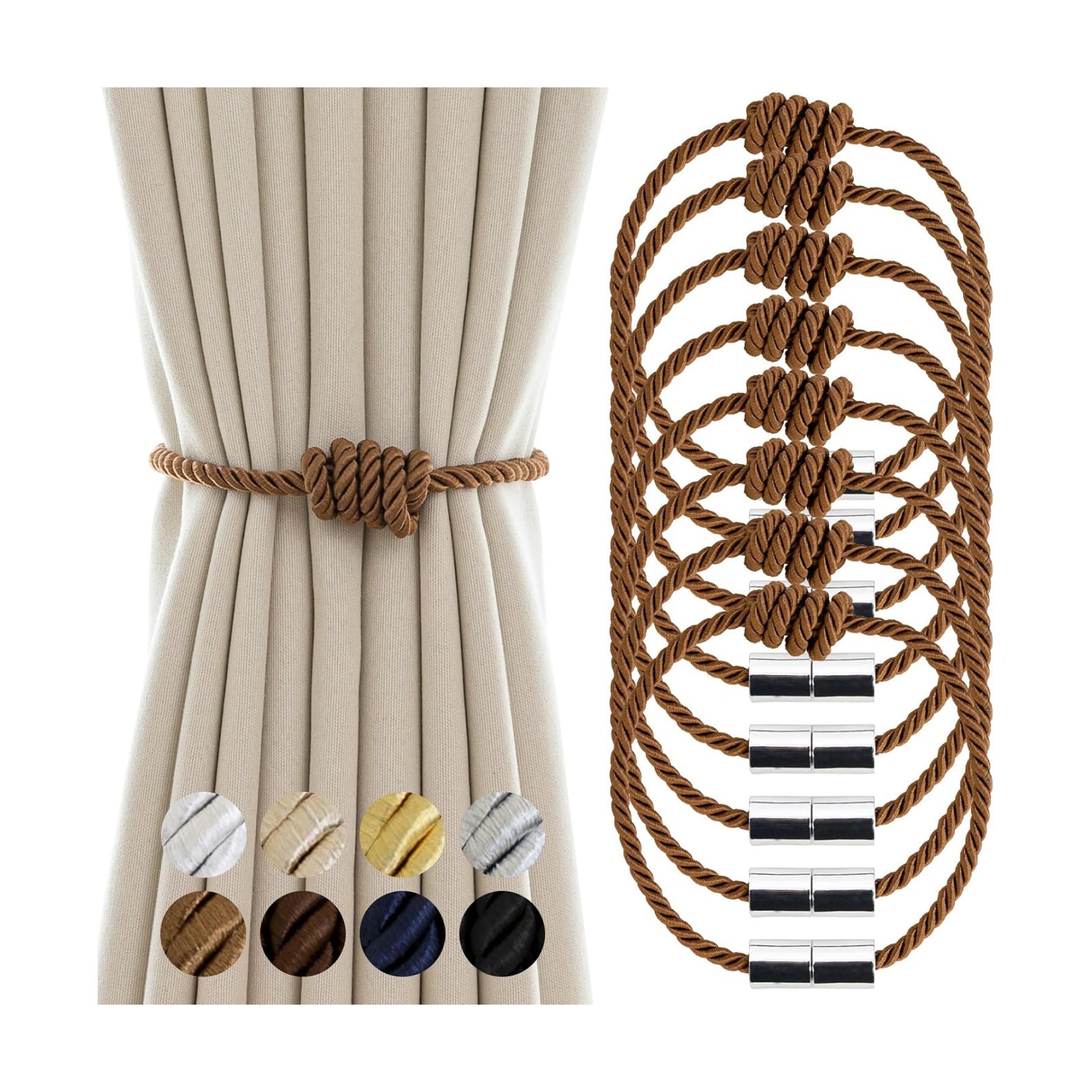Curtain Tiebacks Magnetic Decorative Rope Tie Backs Holdbacks Contoeey | 8 Pack Khaki Modern Elegant Window Treatment