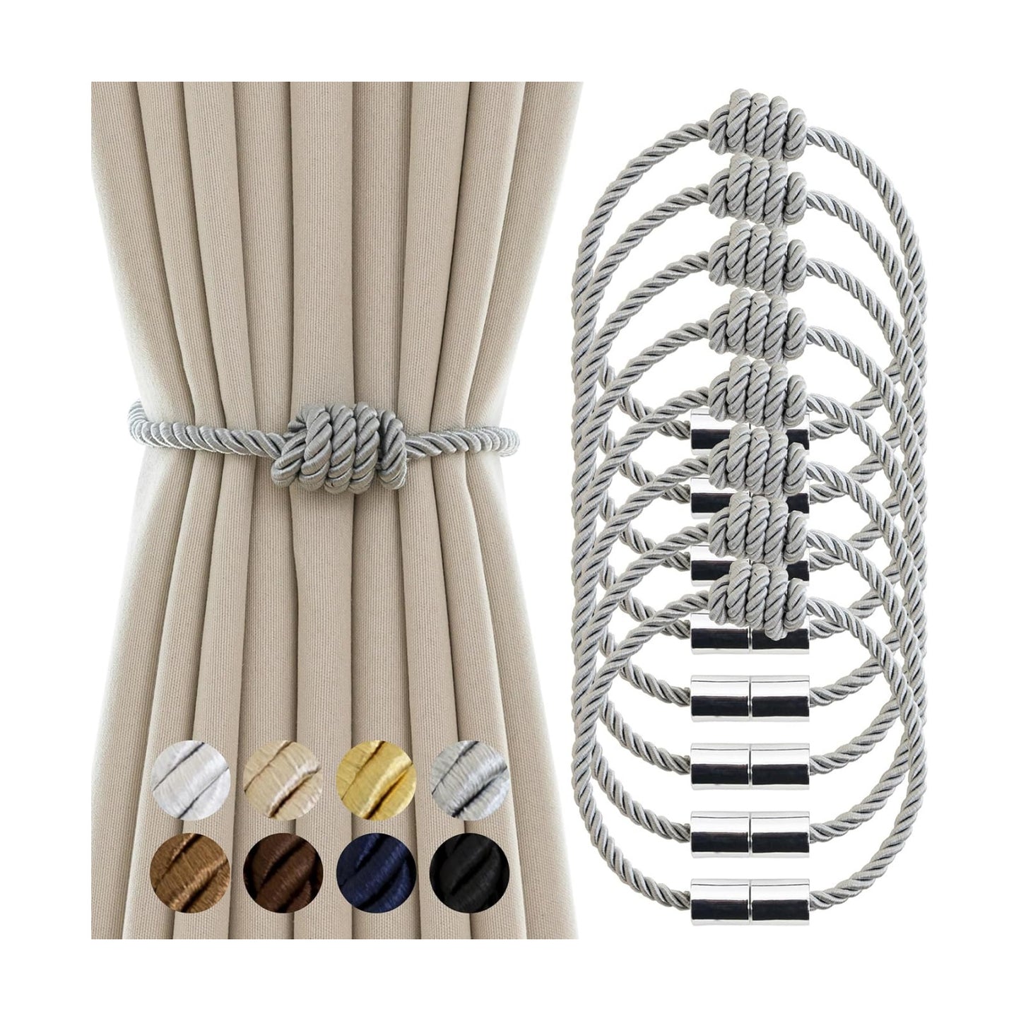 Curtain Tiebacks Magnetic Decorative Rope Tie Backs Holdbacks Contoeey | 8 Pack Grey Modern Elegant Window Treatment