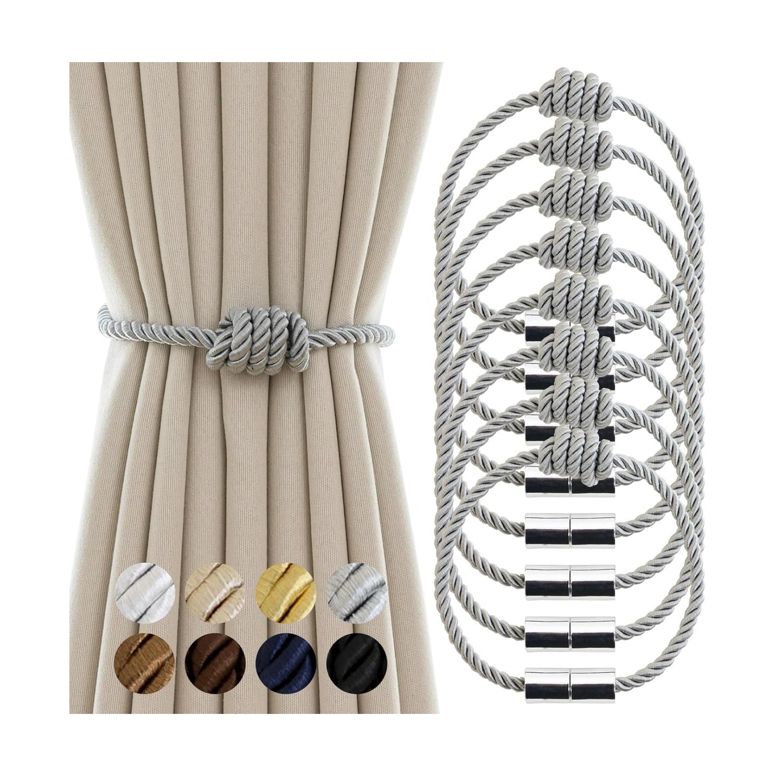 Curtain Tiebacks Magnetic Decorative Rope Tie Backs Holdbacks Contoeey | 8 Pack Grey Modern Elegant Window Treatment