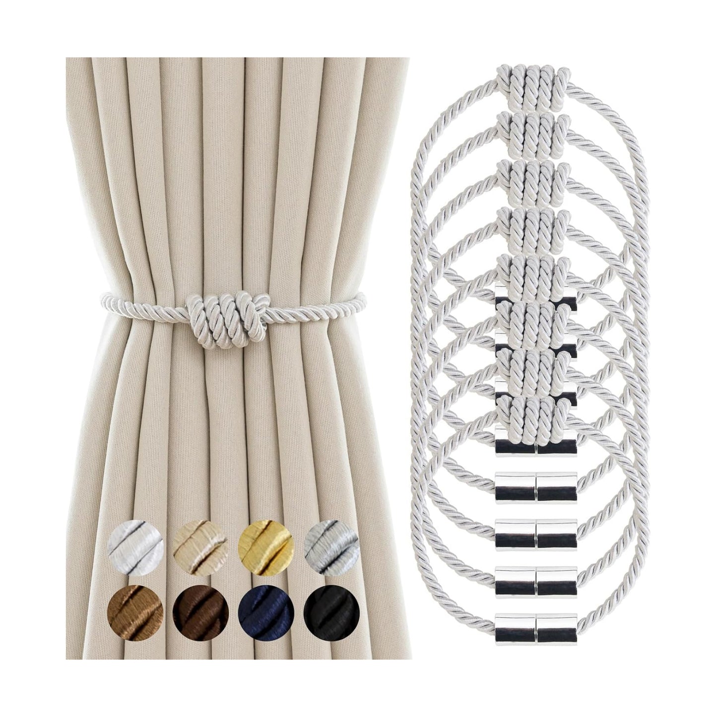 Curtain Tiebacks Magnetic Decorative Rope Tie Backs Holdbacks Contoeey | 8 Pack White Modern Elegant Window Treatment