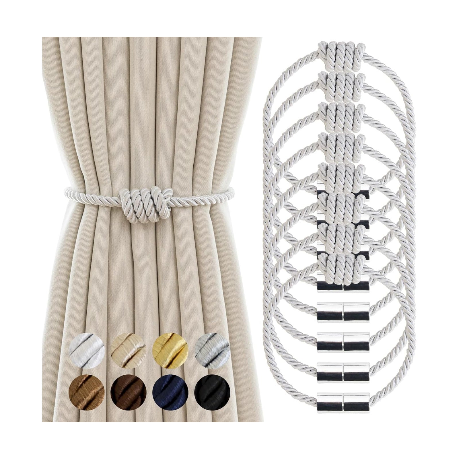 Curtain Tiebacks Magnetic Decorative Rope Tie Backs Holdbacks Contoeey | 8 Pack White Modern Elegant Window Treatment