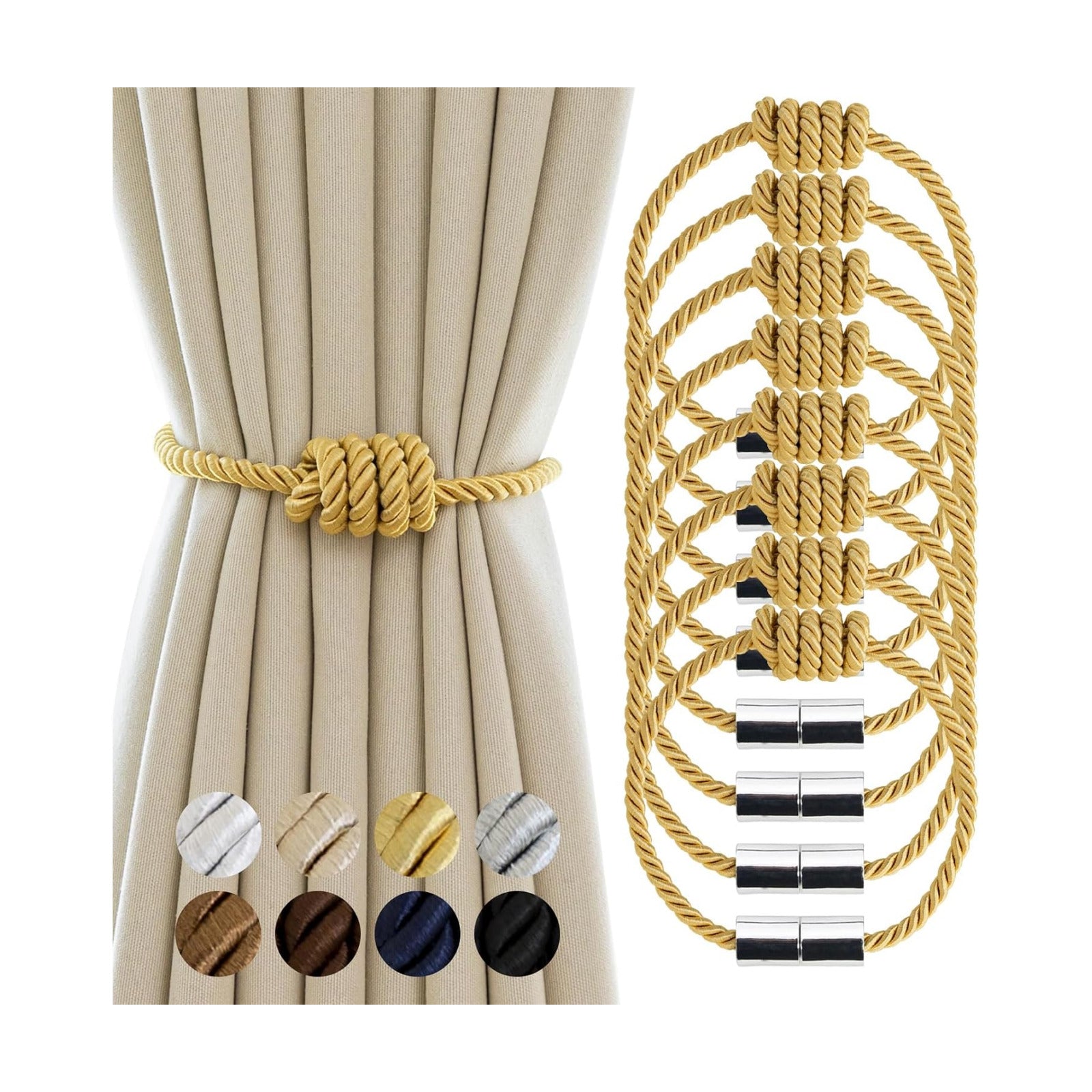 Curtain Tiebacks Magnetic Decorative Rope Tie Backs Holdbacks Contoeey | 8 Pack Gold Modern Elegant Window Treatment