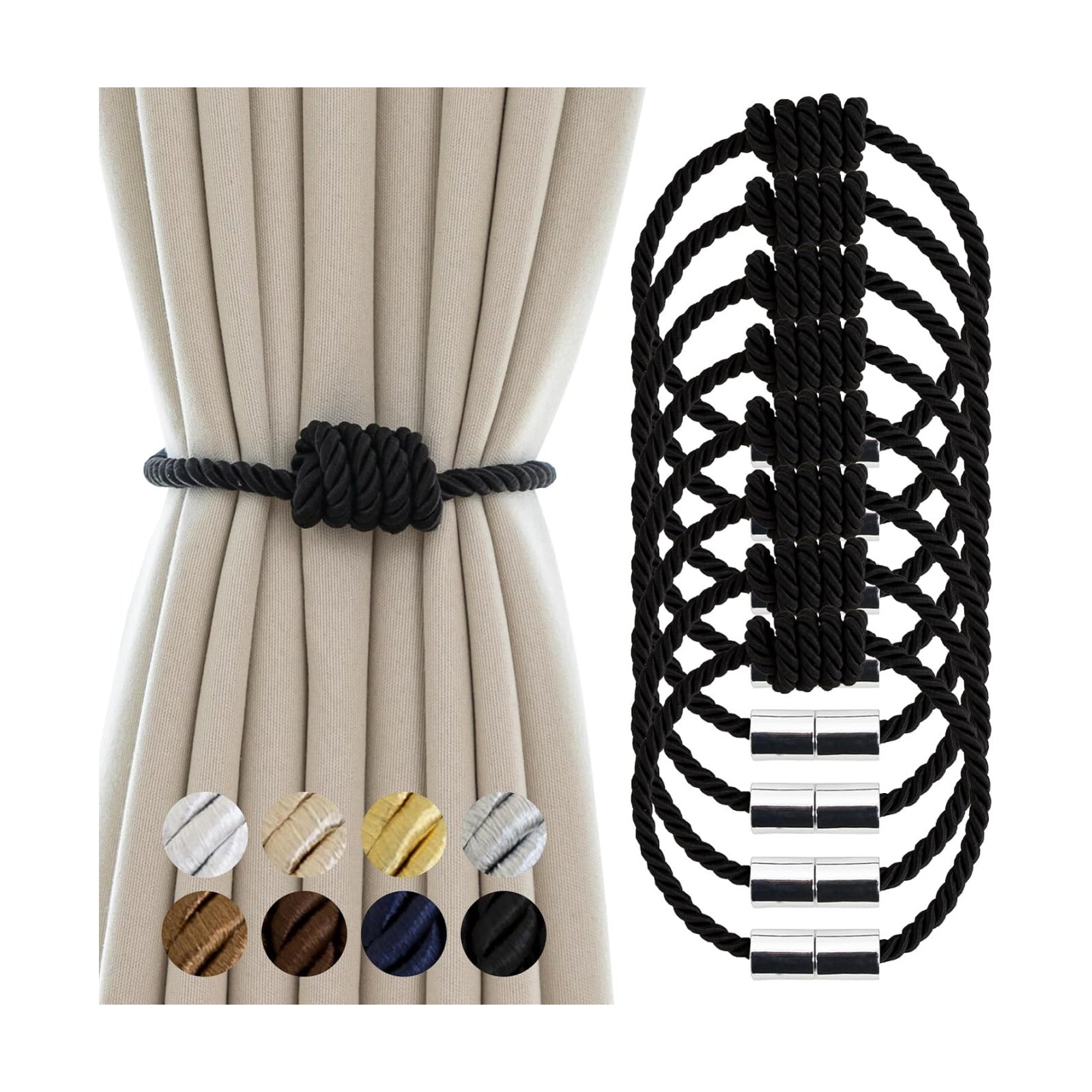 Curtain Tiebacks Magnetic Decorative Rope Tie Backs Holdbacks Contoeey | 8 Pack Black Modern Elegant Window Treatment