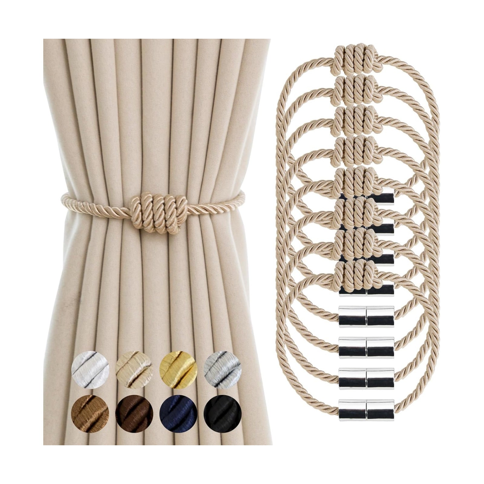 Curtain Tiebacks Magnetic Decorative Rope Tie Backs Holdbacks Contoeey | 8 Pack Beige Modern Elegant Window Treatment
