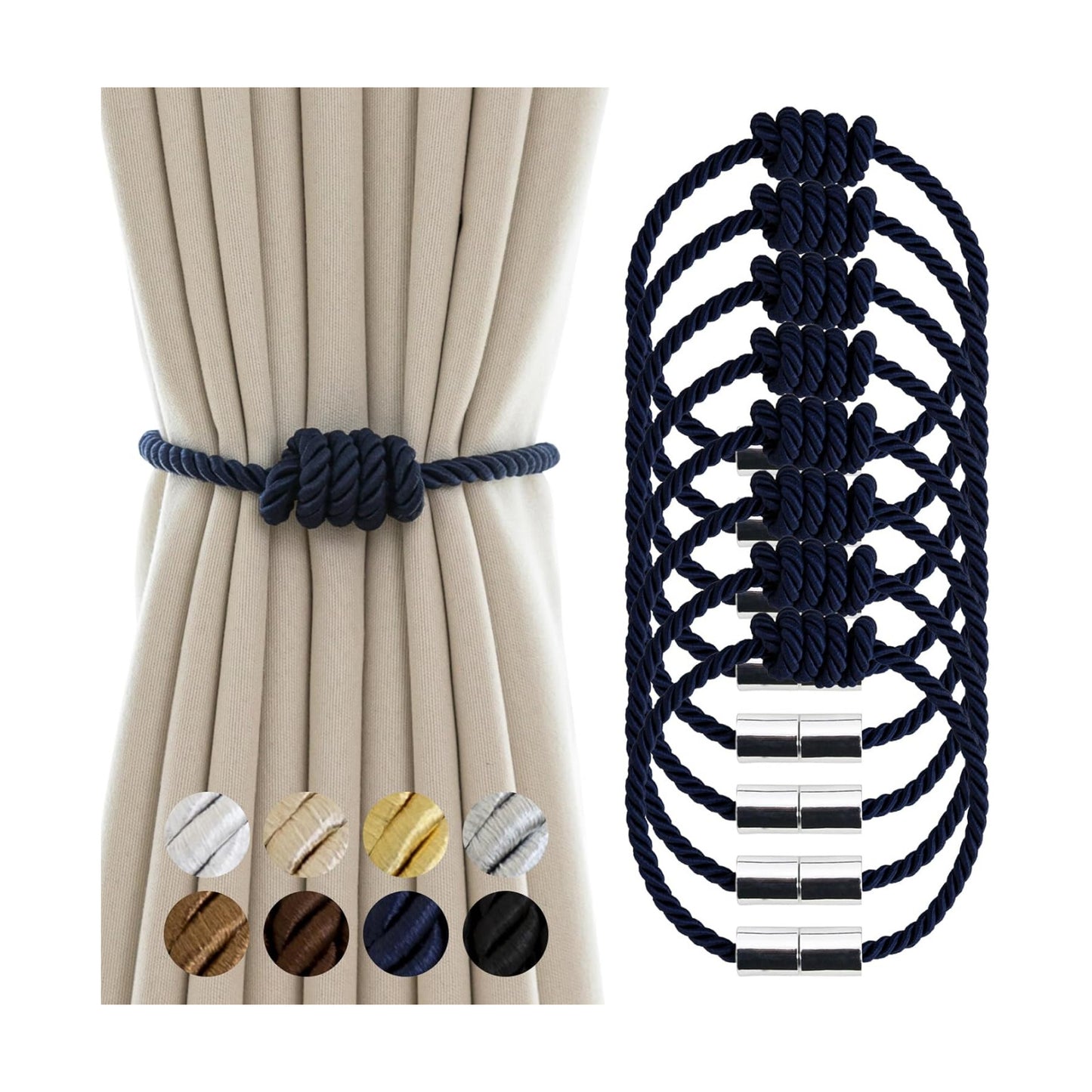 Curtain Tiebacks Magnetic Decorative Rope Tie Backs Holdbacks Contoeey | 8 Pack Navy Modern Elegant Window Treatment