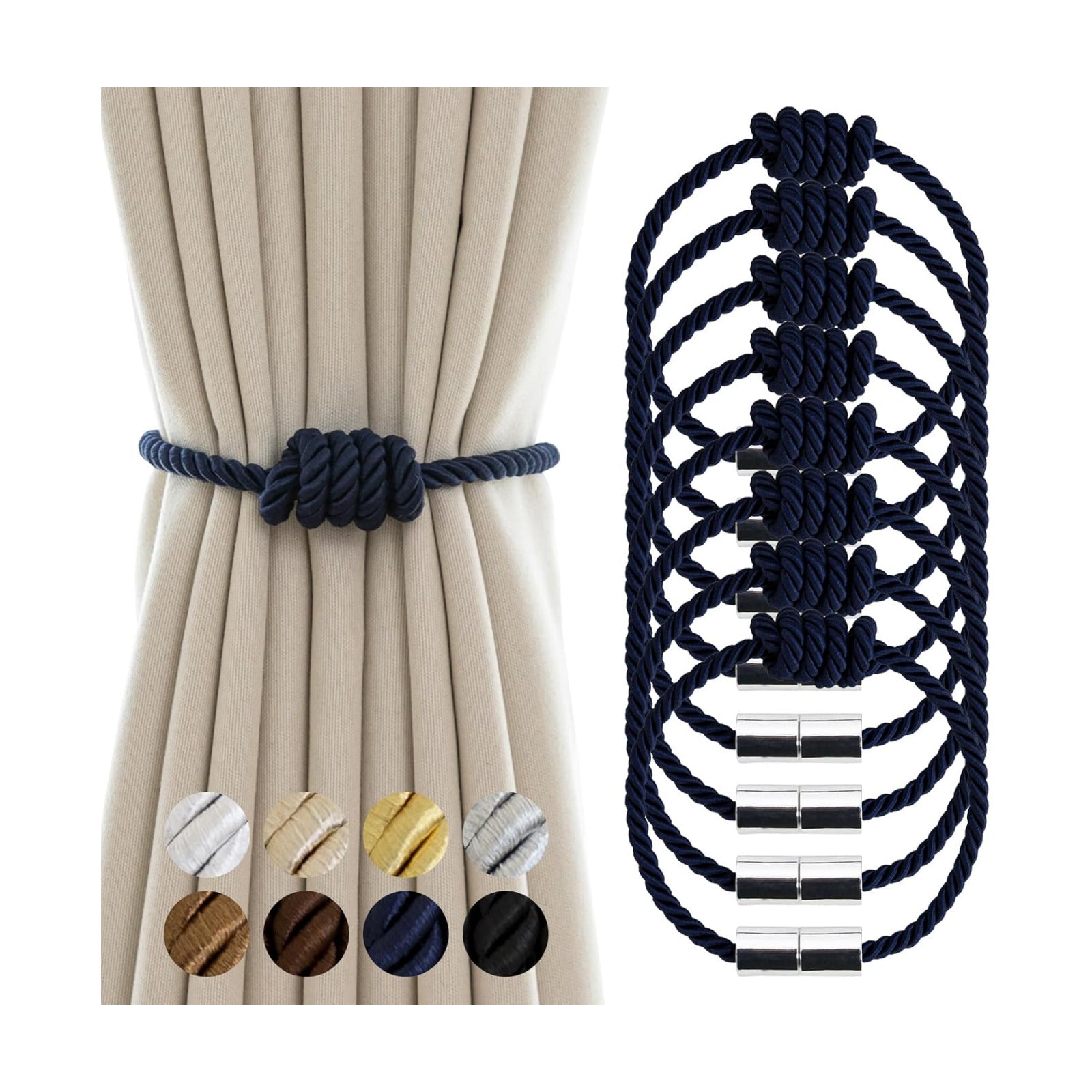 Curtain Tiebacks Magnetic Decorative Rope Tie Backs Holdbacks Contoeey | 8 Pack Navy Modern Elegant Window Treatment