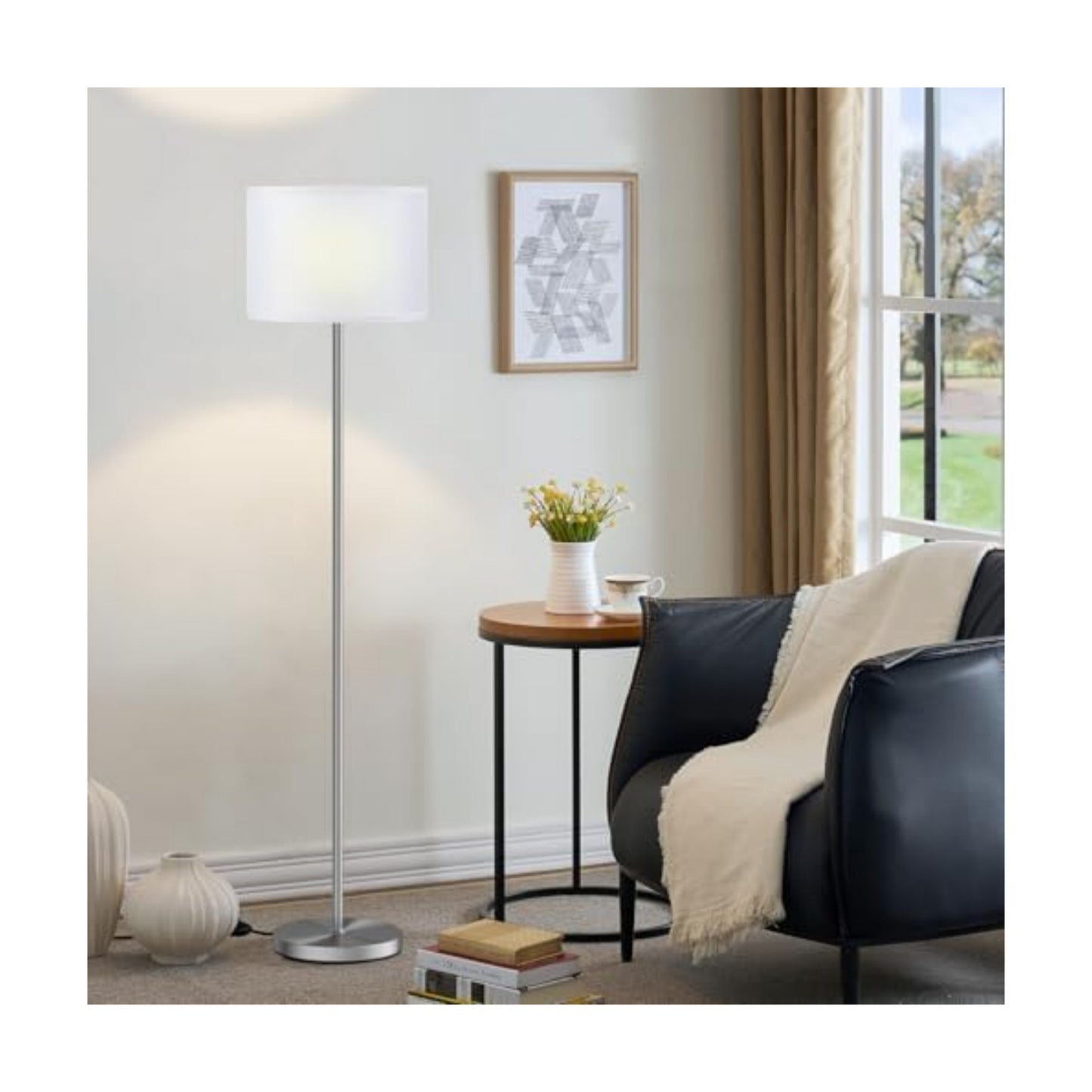 Ambimall 60'' Modern Floor Lamp with Shade, Tall Lamps for Living Room, Bedroom, Office, Dining Room, White Shade with