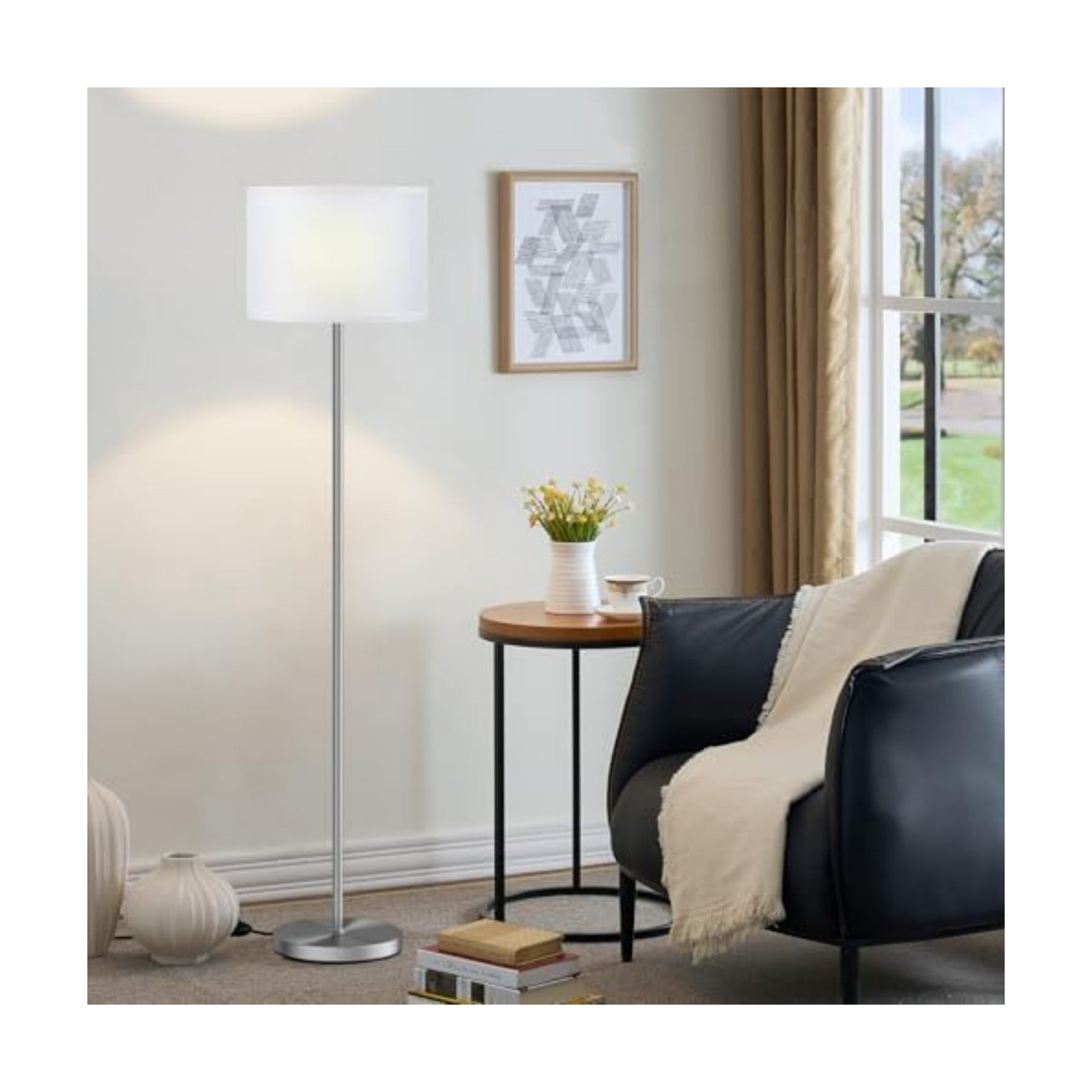 Ambimall 60'' Modern Floor Lamp with Shade, Tall Lamps for Living Room, Bedroom, Office, Dining Room, White Shade with