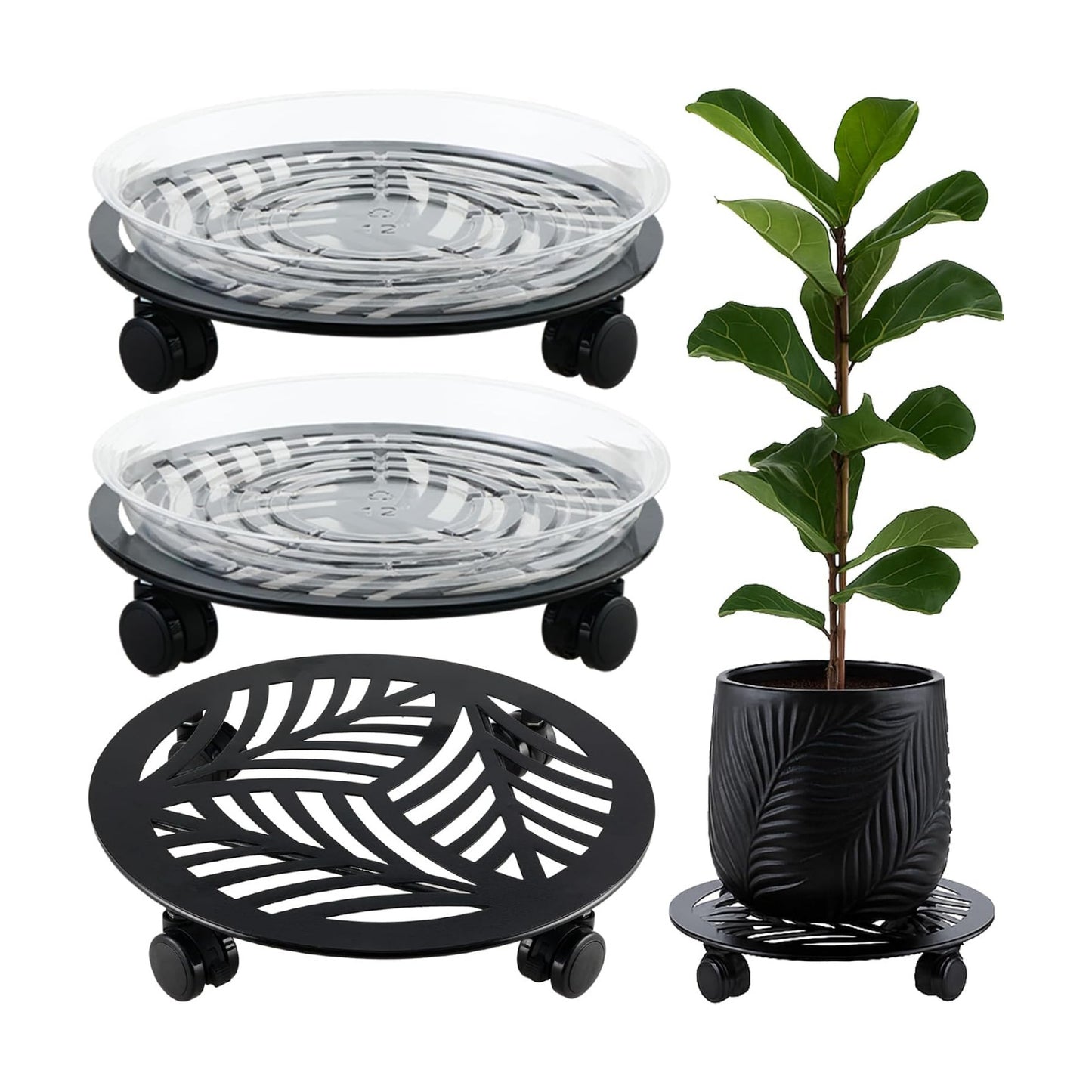 3 Packs 13 inches Large Metal Plant Caddy with PU Wheels Heav-Duty Rolling Plant Stands Indoor Outdoor Wheeled Plant