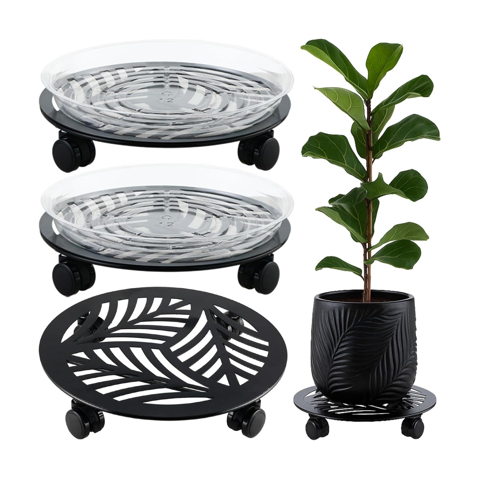 3 Packs 13 inches Large Metal Plant Caddy with PU Wheels Heav-Duty Rolling Plant Stands Indoor Outdoor Wheeled Plant
