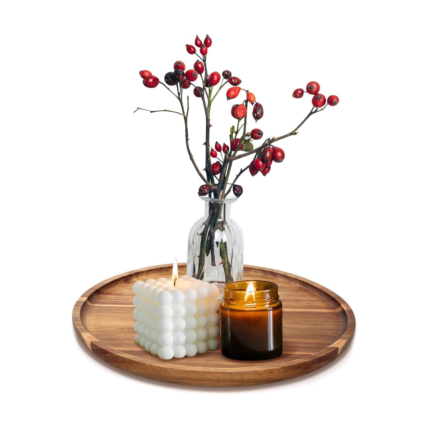Acacia Round Wood Tray Decorative Serving Trays for Ottoman Coffee Table / Acacia Wood / Set of 12