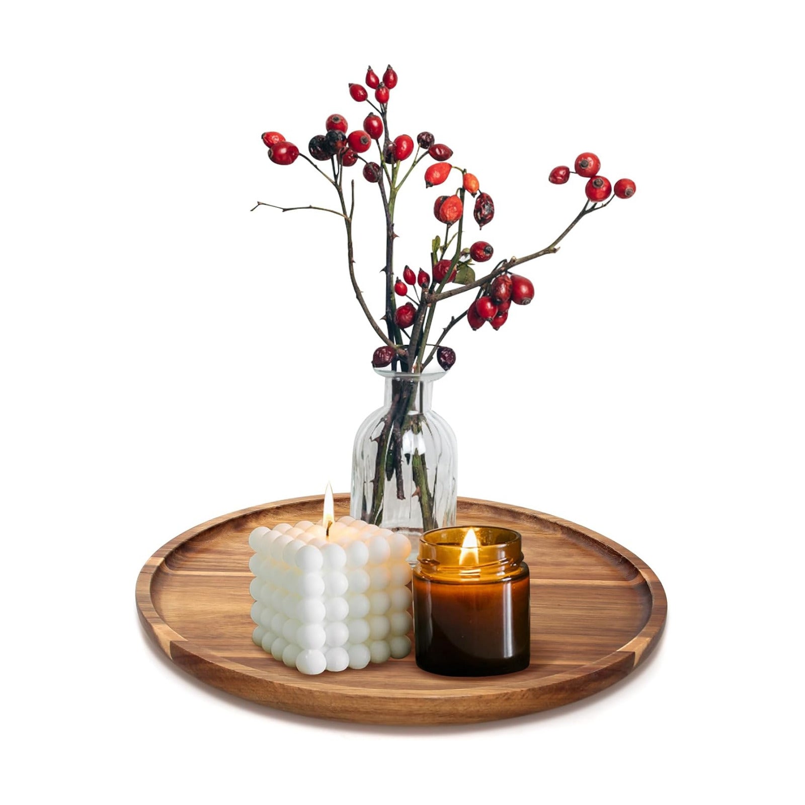 Acacia Round Wood Tray Decorative Serving Trays for Ottoman Coffee Table / Acacia Wood / Set of 12