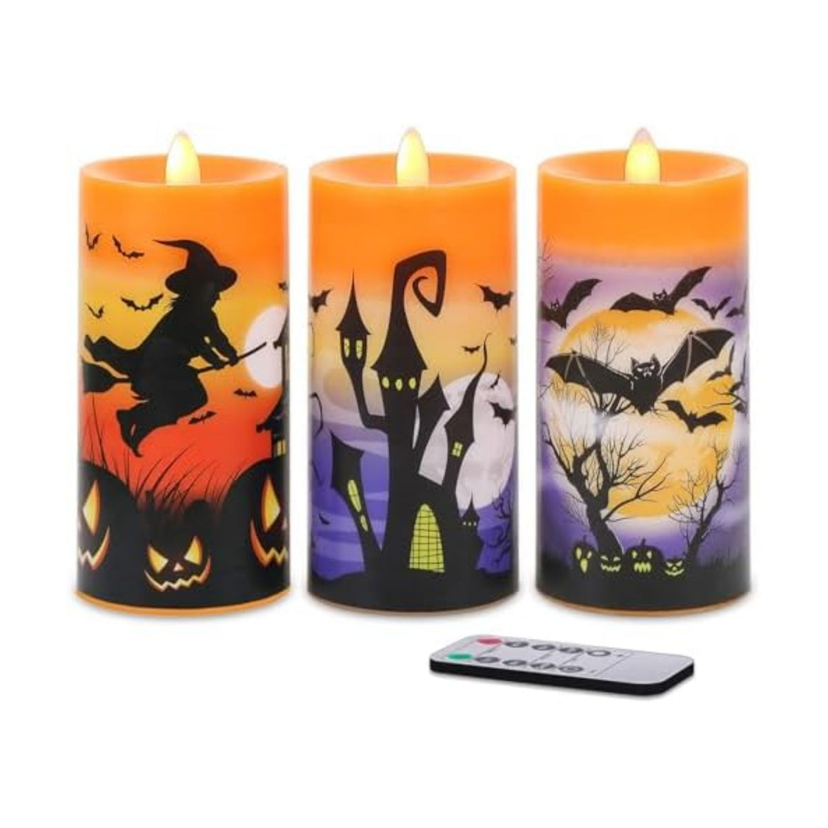 Halloween Flameless Pillar Candles Battery Operated Remote Timer