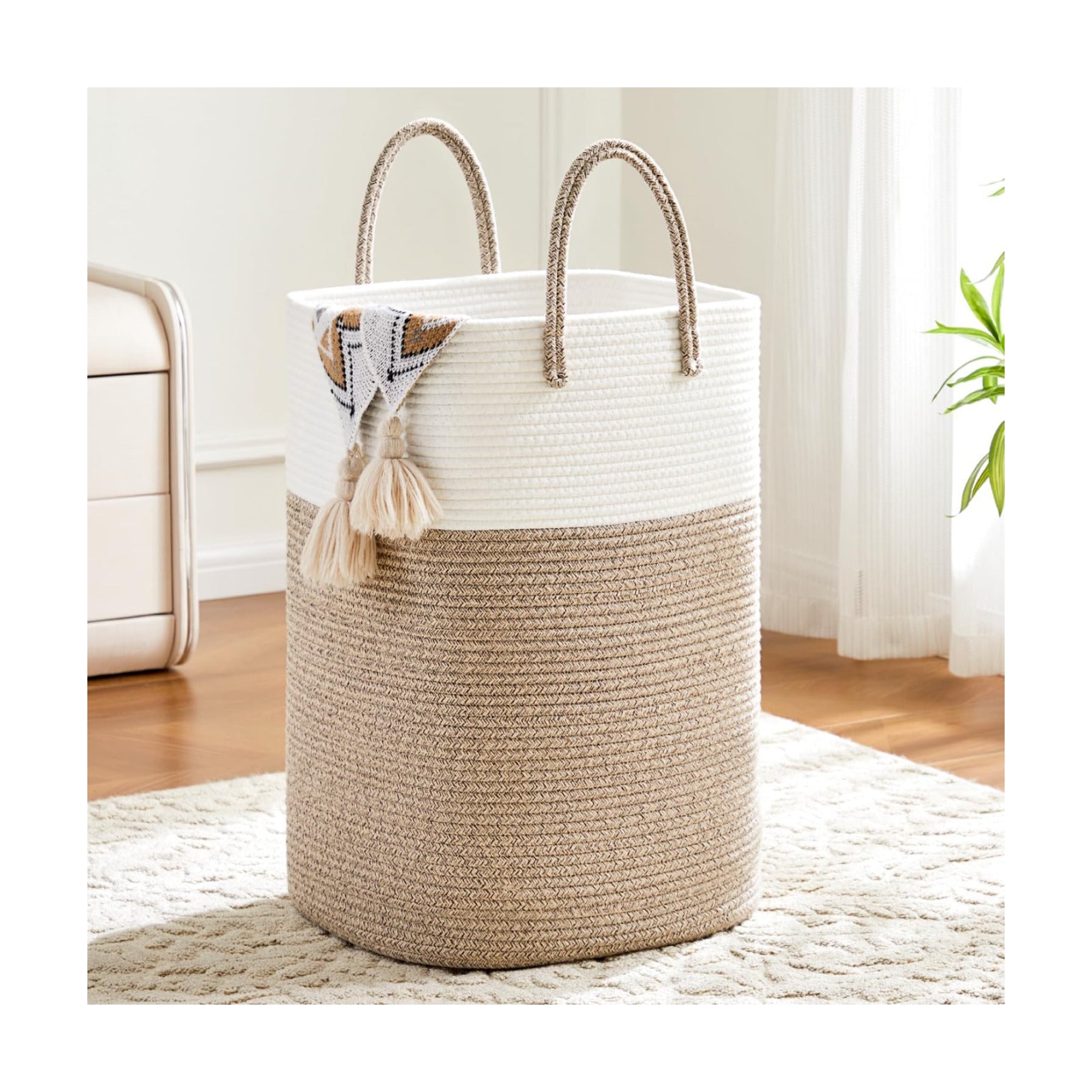 Laundry Basket / Woven Cotton Rope Laundry Hamper / 60L / Brown