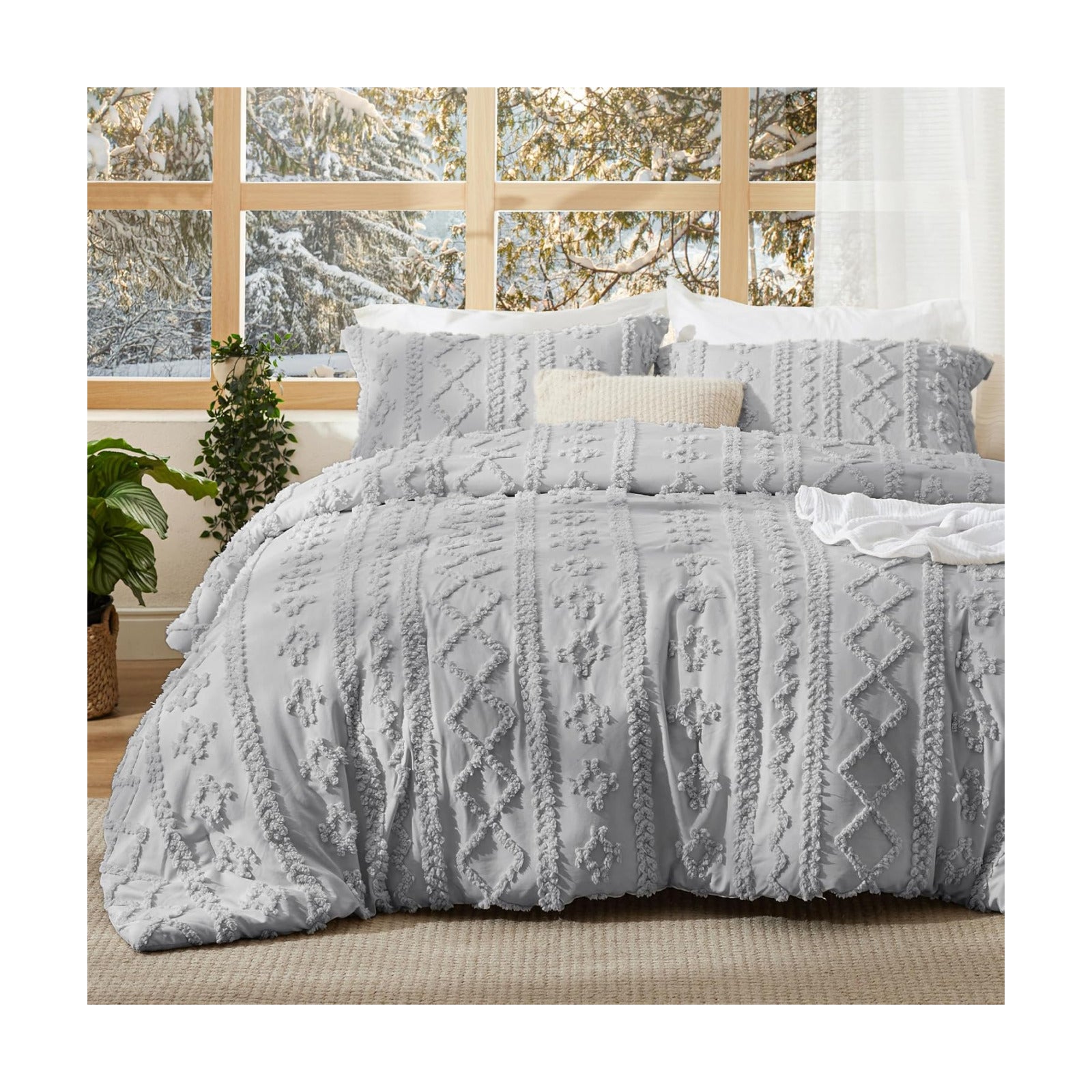 Bedsure Tufted Boho Comforter Set Twin Size - Light Grey Boho Bed Set, GentleSoft™ 2 Pieces Farmhouse-Style Embroidery