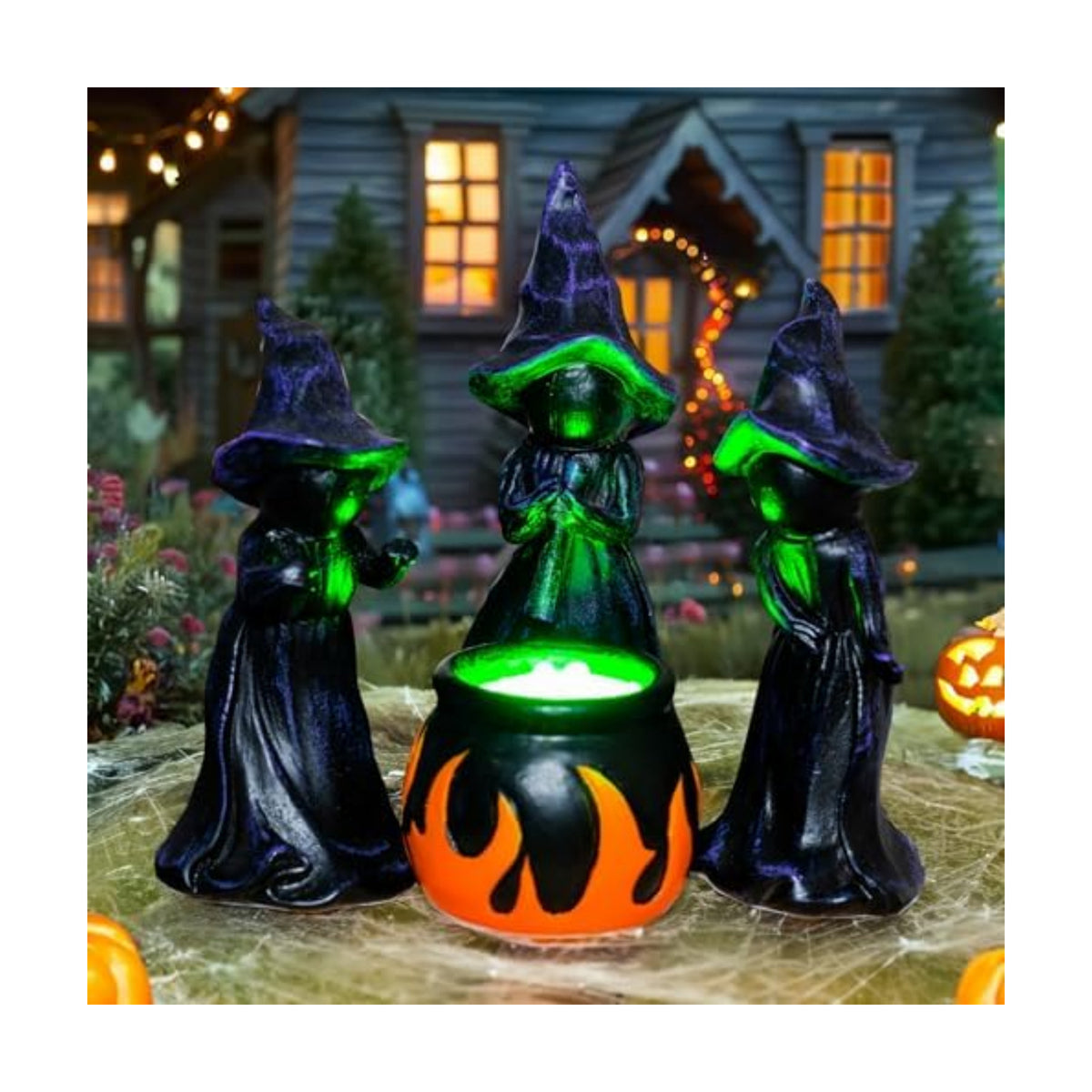 NEROSUN 4 PCS Halloween Miniature Witches Cauldron Figurine Table Decoration, Resin Scary Witches Lighted up Cauldron, Halloween Festival Supplies Indoor Outdoor Shelf Fireplace Home Decor