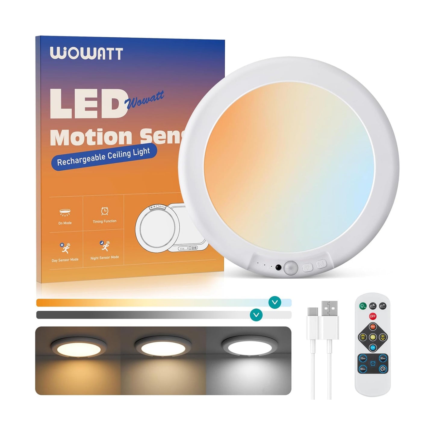 wowatt Rechargeable Ceiling Lights Battery Operated with Remote for Shower | Wireless Magnetic Ceiling light 7.48in