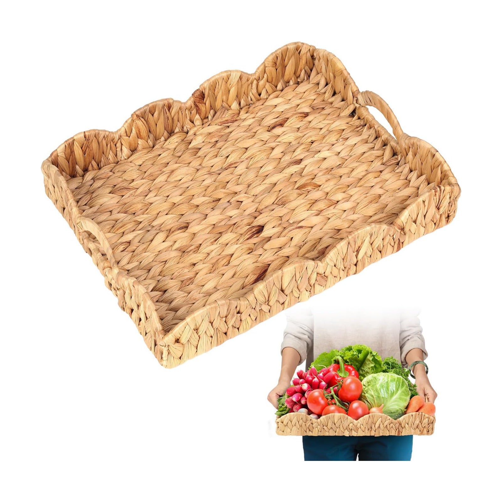 Scalloped Water Hyacinth Tray / Light Brown / 17 x 13 x 3