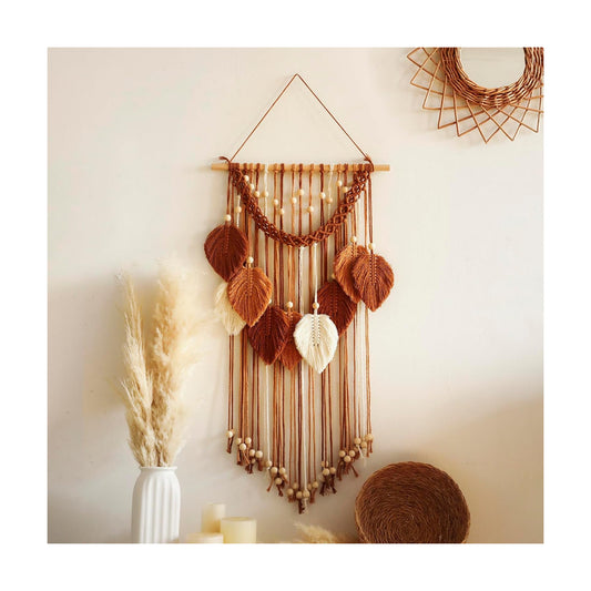 Macrame Wall Hanging -Handmade Leaf Wall Tapestry / Brown Orange