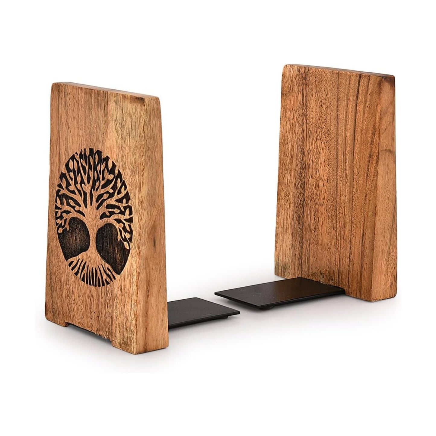 Office Bookends Iron & Acacia Wood Tree of Life Office Bookends