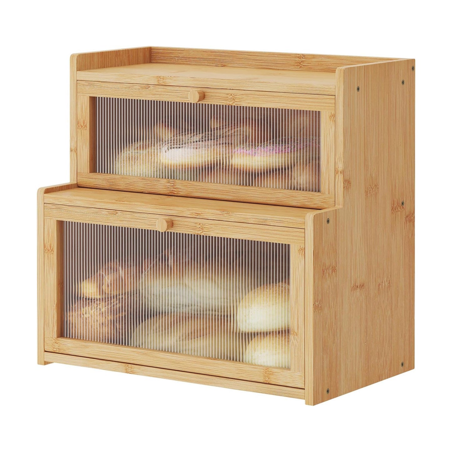 Double Layer Bamboo Bread Box for Kitchen Counter,Bread Holder,Countertop Bread Storage with Window (Natural)
