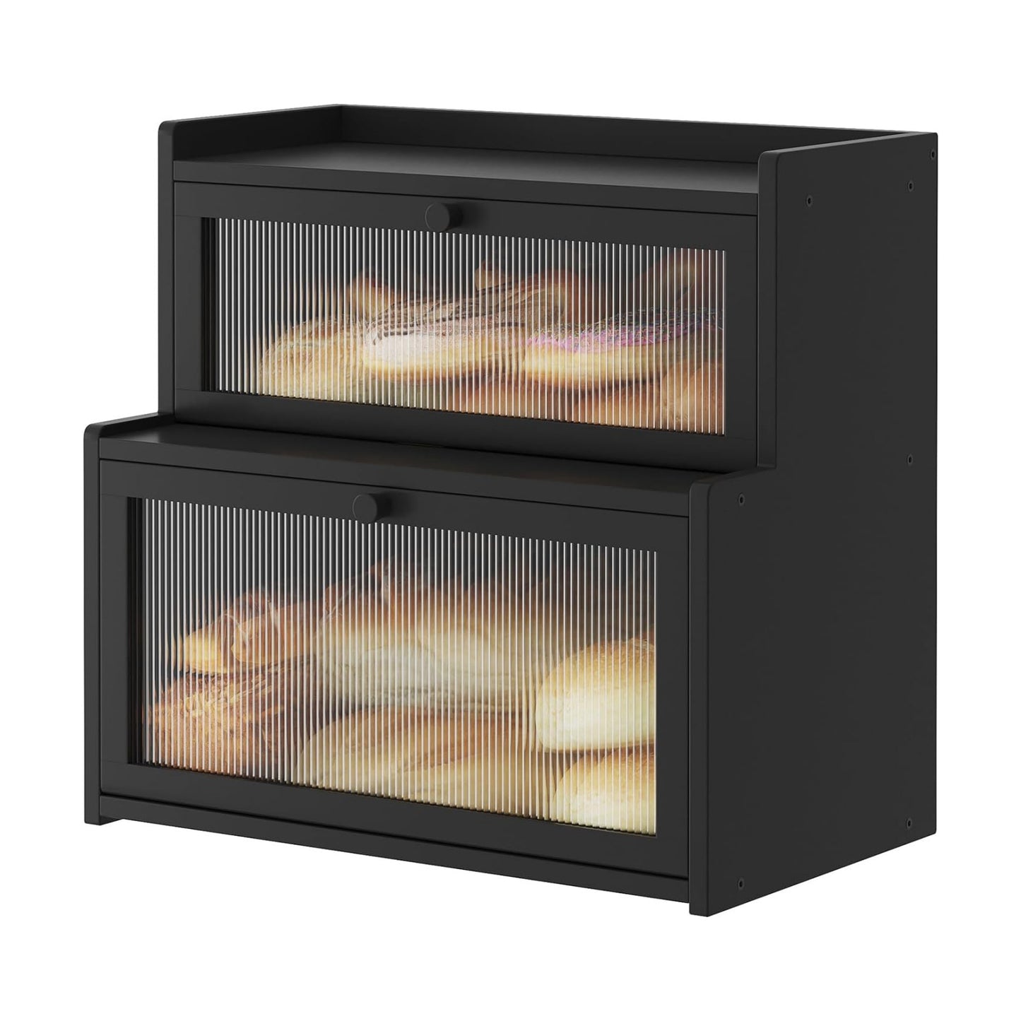 Double Layer Bamboo Bread Box for Kitchen Counter,Bread Holder,Countertop Bread Storage with Window (Black)