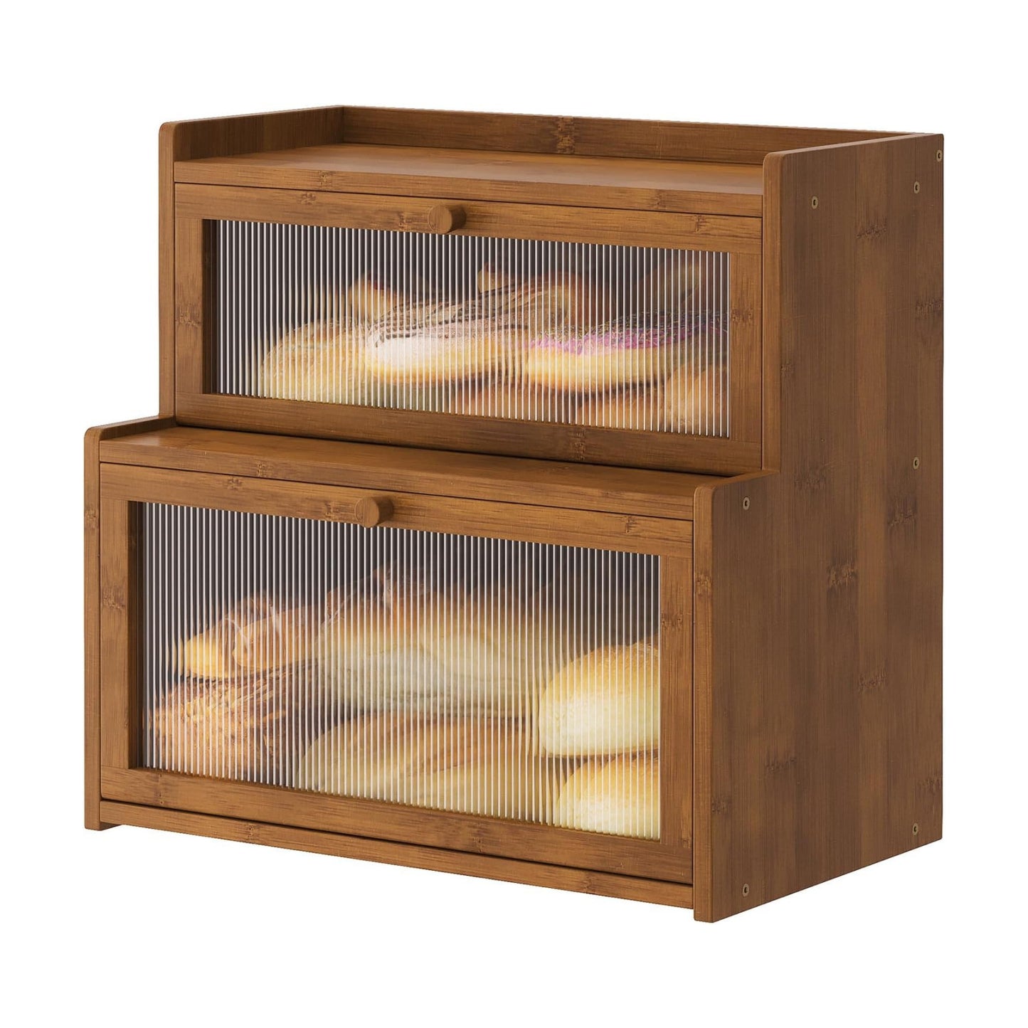 Double Layer Bamboo Bread Box for Kitchen Counter,Bread Holder,Countertop Bread Storage with Window (Brown)