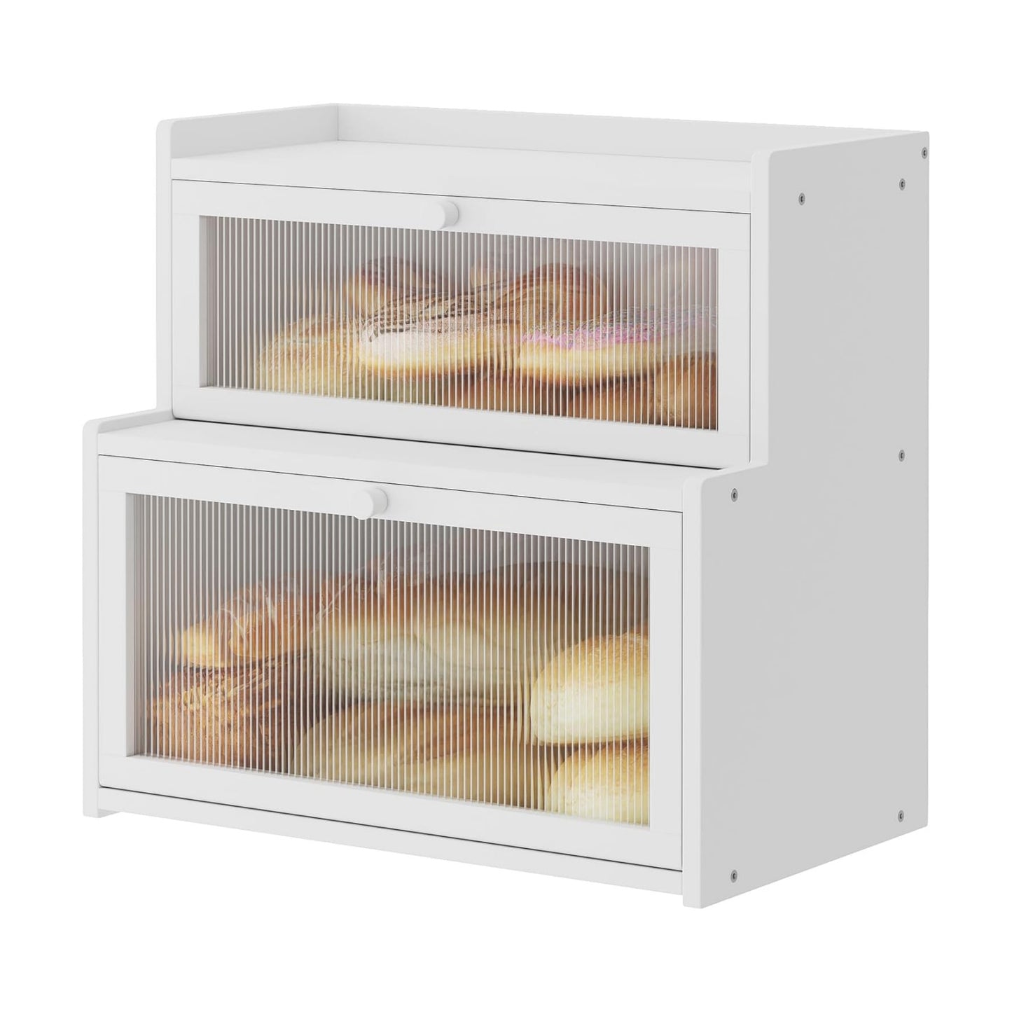 Double Layer Bamboo Bread Box for Kitchen Counter,Bread Holder,Countertop Bread Storage with Window (White)