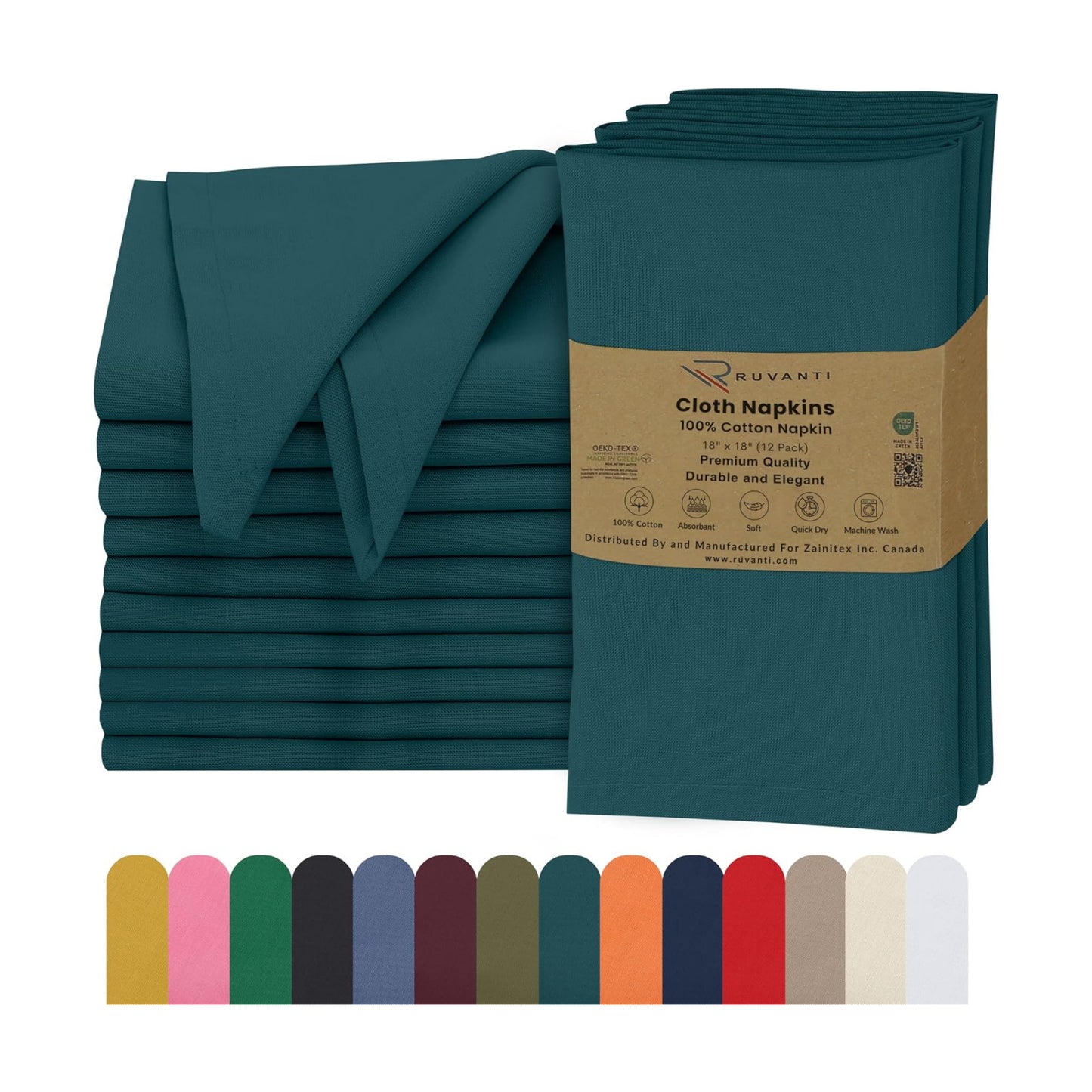 Ruvanti Cloth Napkins Set of 12, 100% Cotton 18”x18” - Deep Teal | Washable, Soft, Durable & Absorbent Everyday