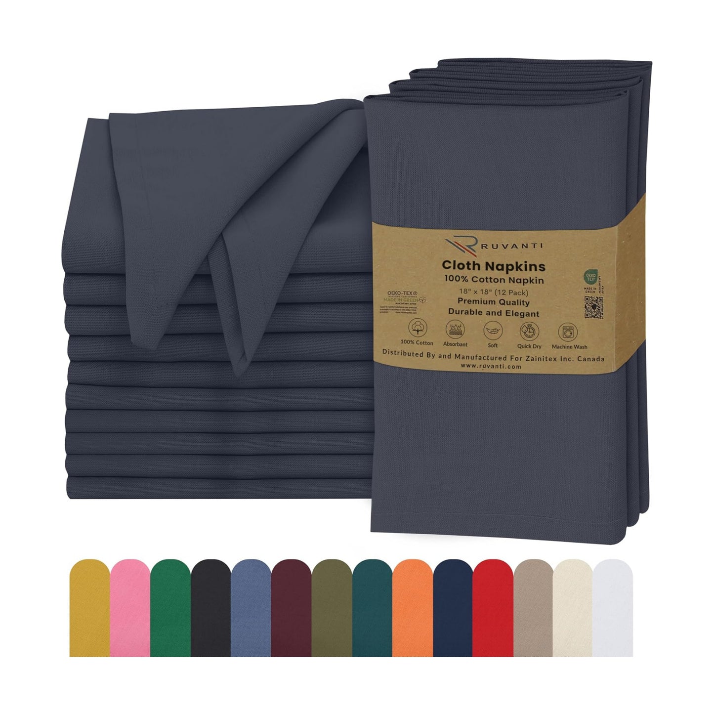 Ruvanti Cloth Napkins Set of 12, 100% Cotton 18”x18” - Ombre Blue | Washable, Soft, Durable & Absorbent Everyday
