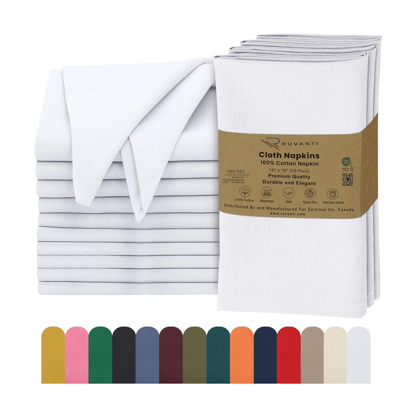 Ruvanti Cloth Napkins Set of 12, 100% Cotton 18”x18” - White | Washable, Soft, Durable & Absorbent Everyday Napkins.