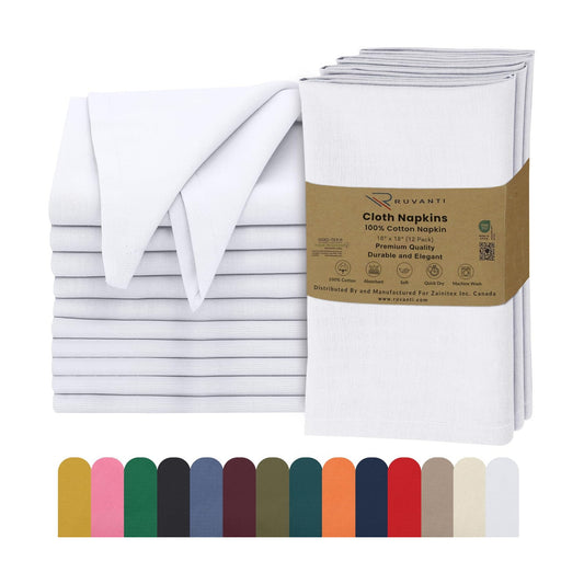 Ruvanti Cloth Napkins Set of 12, 100% Cotton 18”x18” - White | Washable, Soft, Durable & Absorbent Everyday Napkins.