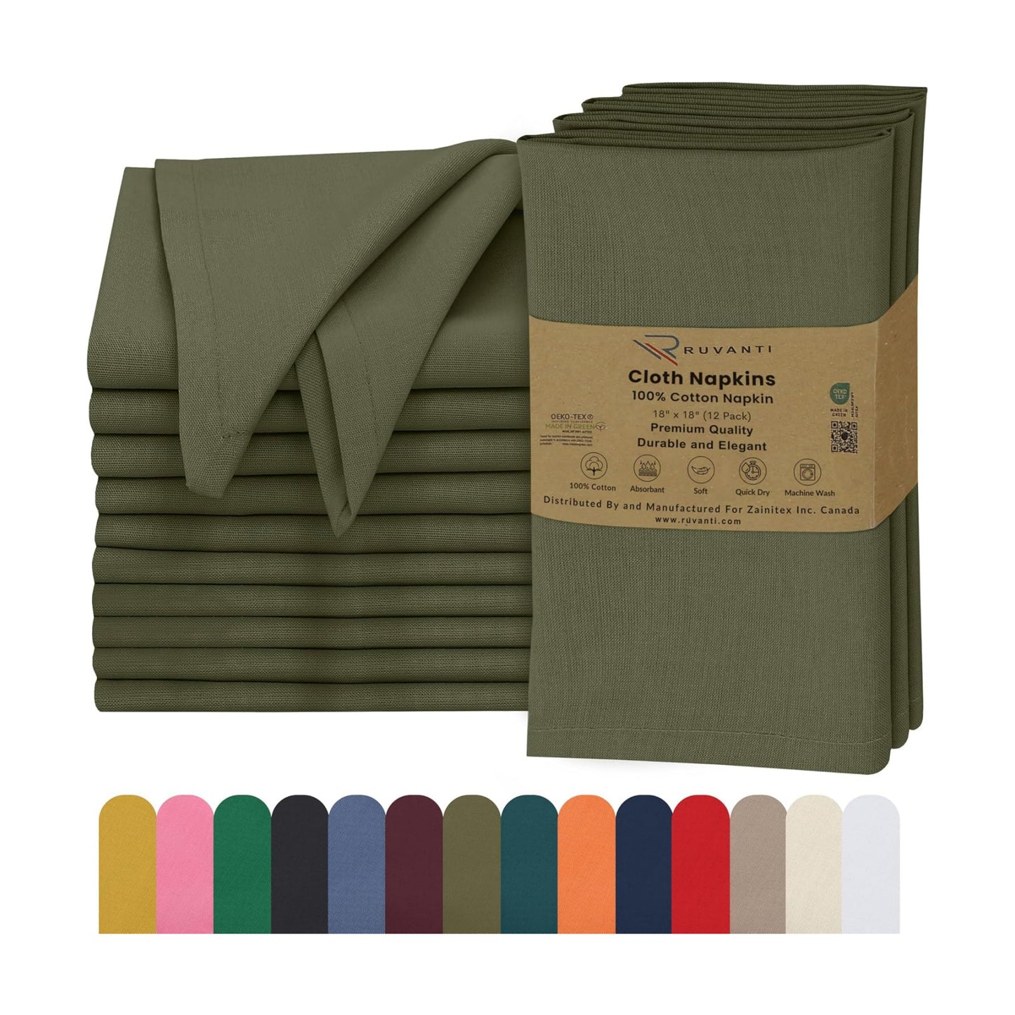 Ruvanti Cloth Napkins Set of 12, 100% Cotton 18”x18” - Capulet Olive | Washable, Soft, Durable & Absorbent Everyday