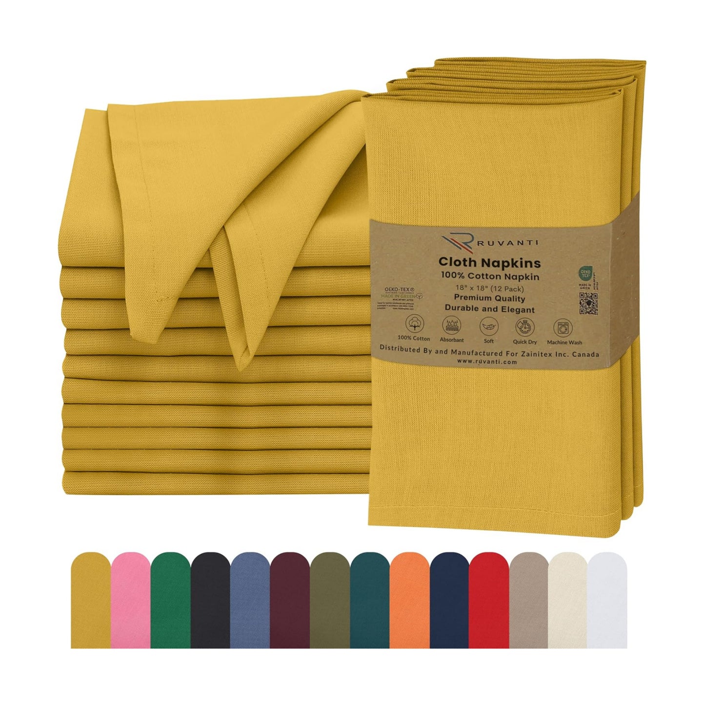 Ruvanti Cloth Napkins Set of 12, 100% Cotton 18”x18” - Spicy Mustard | Washable, Soft, Durable & Absorbent Everyday