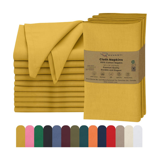 Ruvanti Cloth Napkins Set of 12, 100% Cotton 18”x18” - Spicy Mustard | Washable, Soft, Durable & Absorbent Everyday