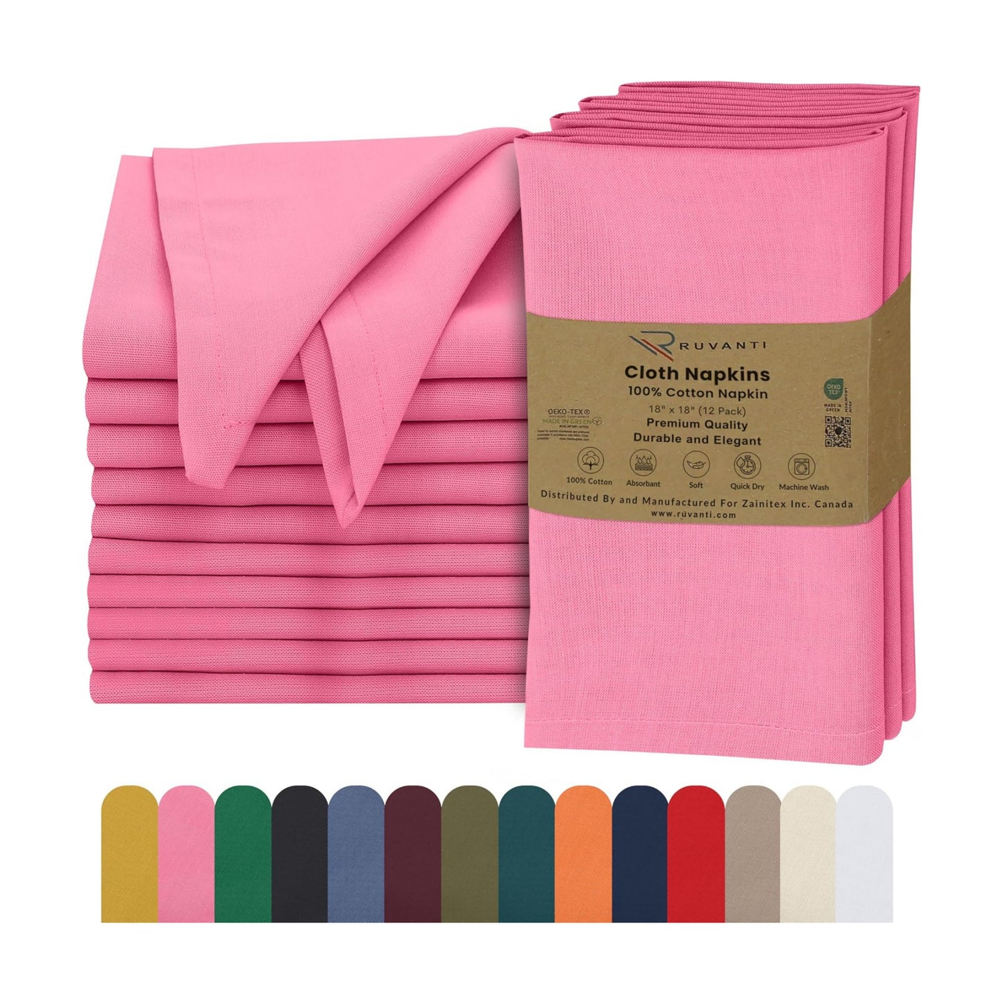 Ruvanti Cloth Napkins Set of 12, 100% Cotton 18”x18” - Pink | Washable, Soft, Durable & Absorbent Everyday Napkins. For