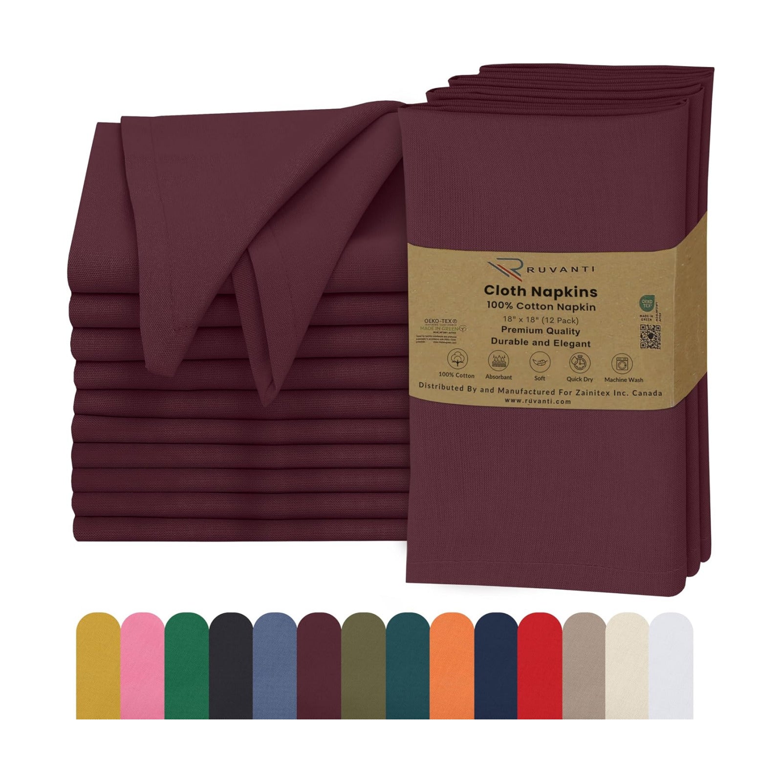 Ruvanti Cloth Napkins Set of 12, 100% Cotton 18”x18” - Burgundy | Washable, Soft, Durable & Absorbent Everyday Napkins.