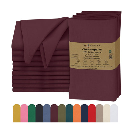 Ruvanti Cloth Napkins Set of 12, 100% Cotton 18”x18” - Burgundy | Washable, Soft, Durable & Absorbent Everyday Napkins.