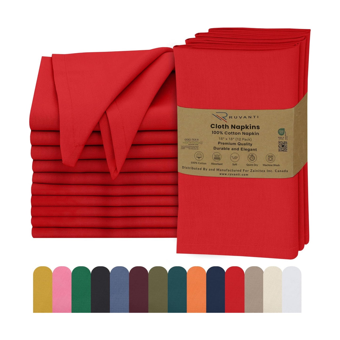 Ruvanti Cloth Napkins Set of 12, 100% Cotton 18”x18” - Flame Scarlet | Washable, Soft, Durable & Absorbent Everyday