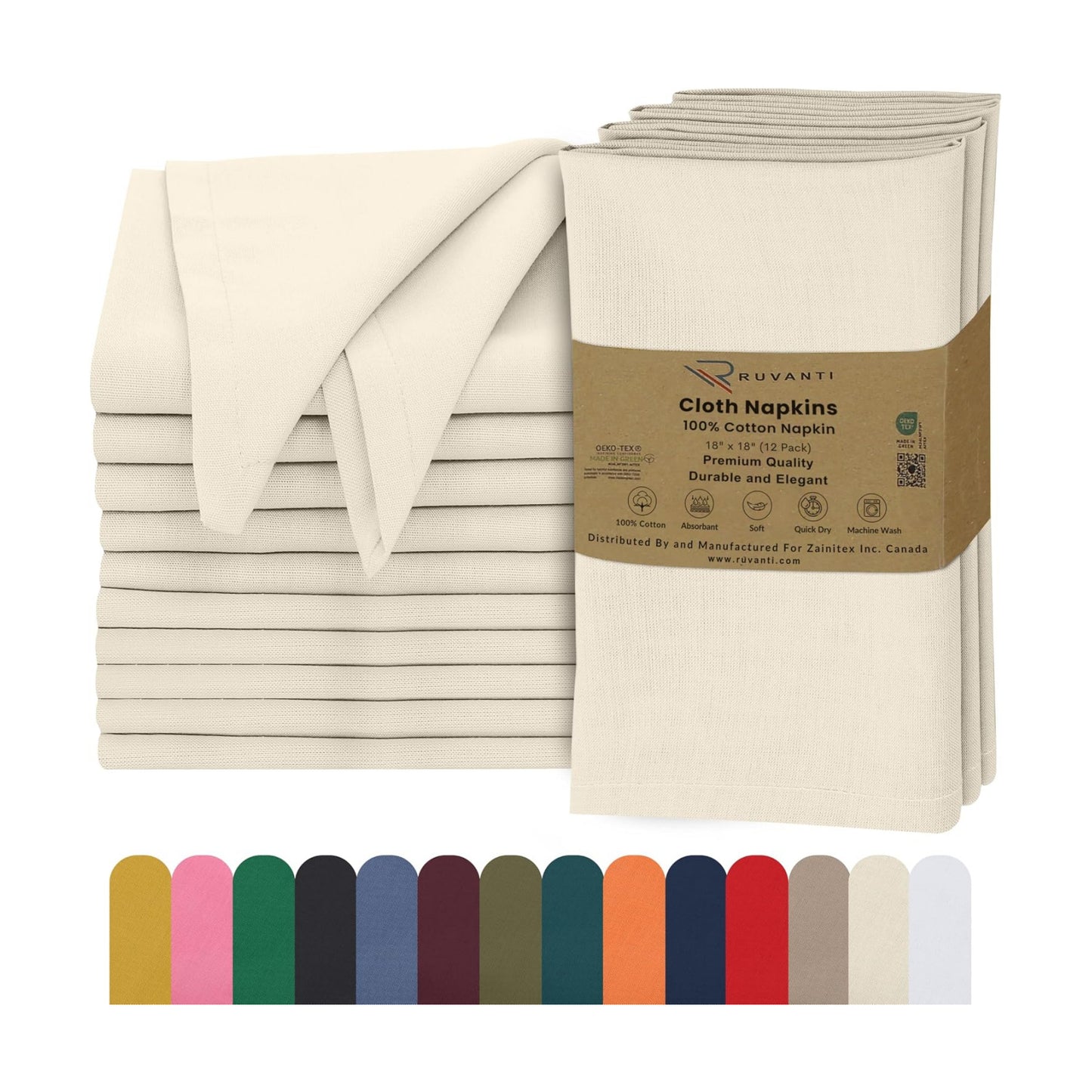 Ruvanti Cloth Napkins Set of 12, 100% Cotton 18”x18” - Antique White | Washable, Soft, Durable & Absorbent Everyday