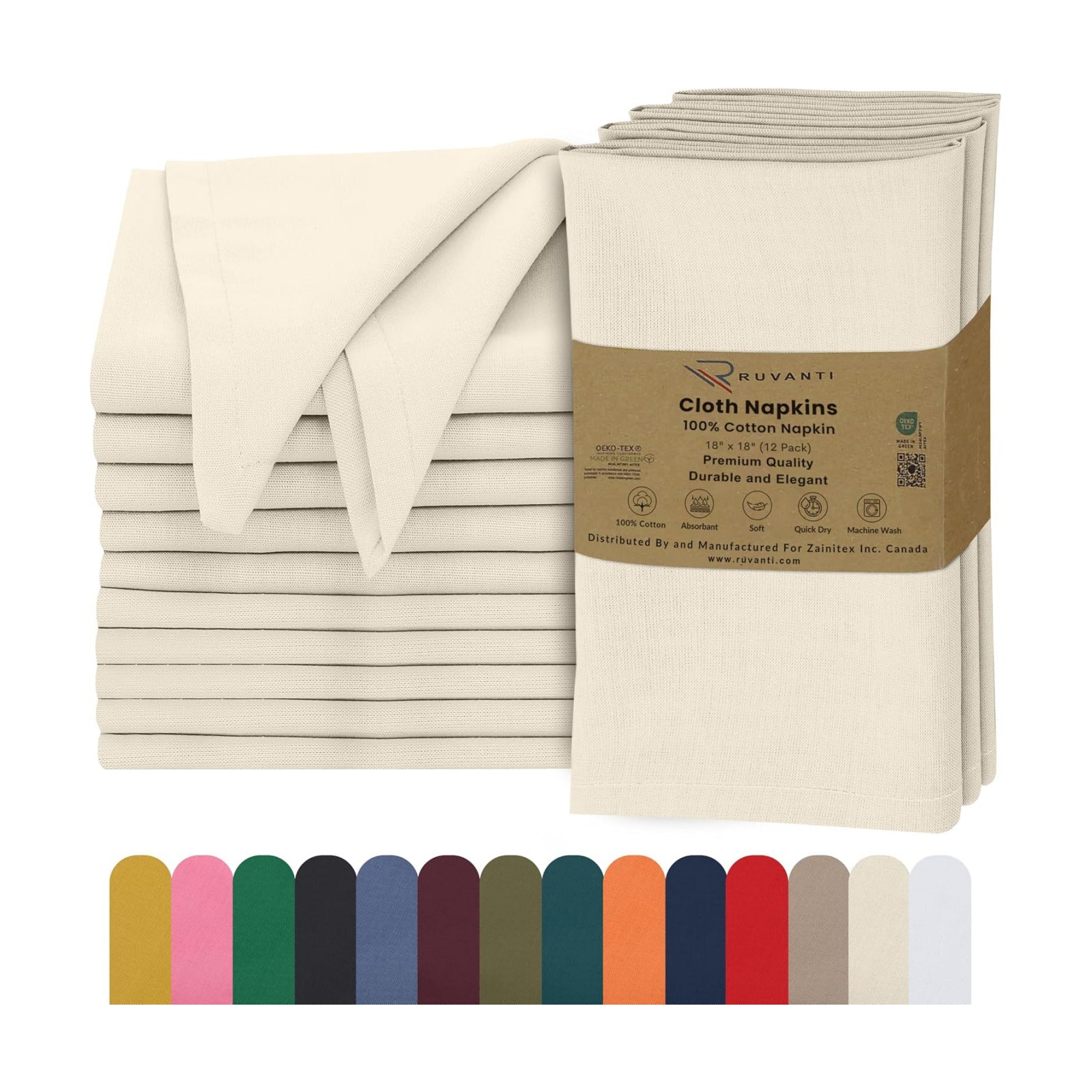Ruvanti Cloth Napkins Set of 12, 100% Cotton 18”x18” - Antique White | Washable, Soft, Durable & Absorbent Everyday