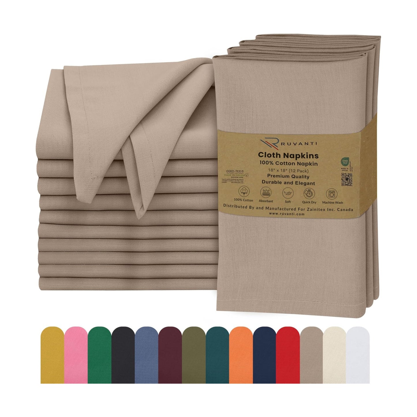 Ruvanti Cloth Napkins Set of 12, 100% Cotton 18”x18” - Light Taupe | Washable, Soft, Durable & Absorbent Everyday