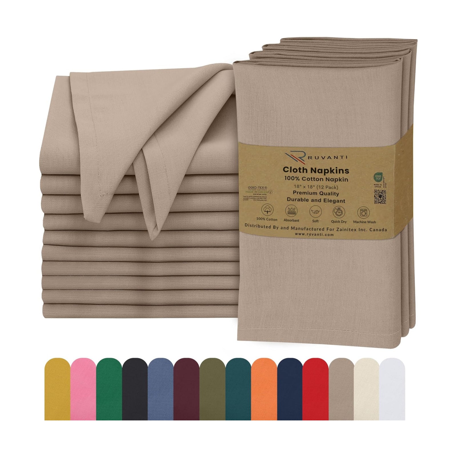 Ruvanti Cloth Napkins Set of 12, 100% Cotton 18”x18” - Light Taupe | Washable, Soft, Durable & Absorbent Everyday